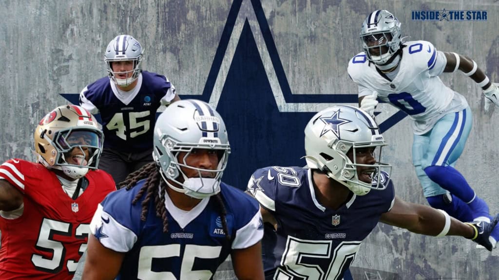 Dallas Cowboys defense graphic featuring multiple linebackers and defensive backs in front of a Cowboys star background.