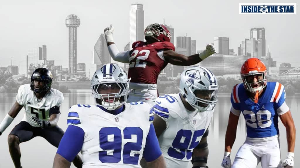 Dallas Cowboys Micah Parsons trade recap graphic featuring Quinnen Williams, Kenny Clark, Devin Moore, LT Overton, and Malachi Lawrence.