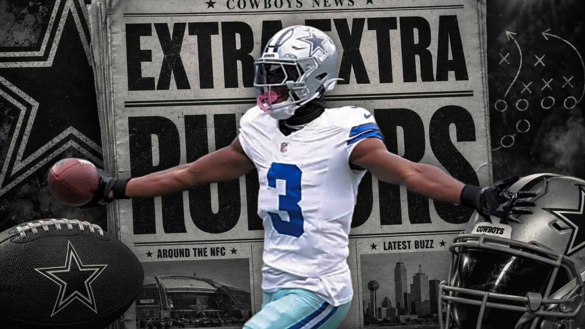 Cowboys-themed “Extra Extra Rumors” graphic featuring George Pickens, a football, helmet, play diagram, and newspaper-style trade rumor background.