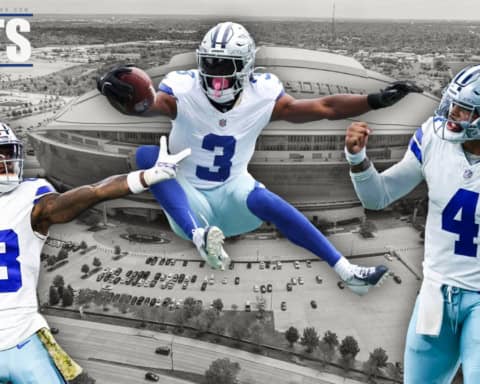 George Pickens, CeeDee Lamb, and Dak Prescott appear in a Dallas Cowboys graphic in front of AT&T Stadium, highlighting the Cowboys in the NFC East betting odds race.