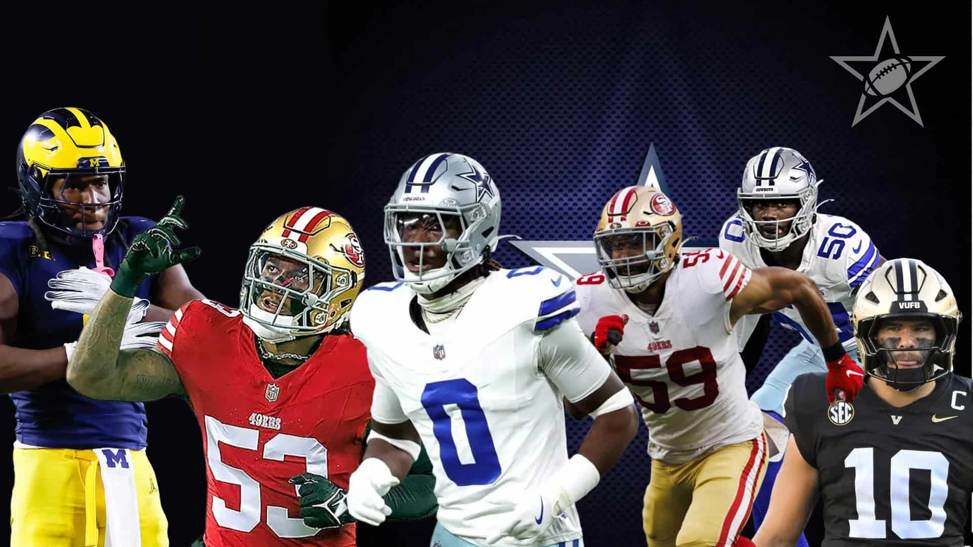 Linebacker graphic featuring Jaishawn Barham, Dee Winters, DeMarvion Overshown, Curtis Robinson, and Langston Patterson.