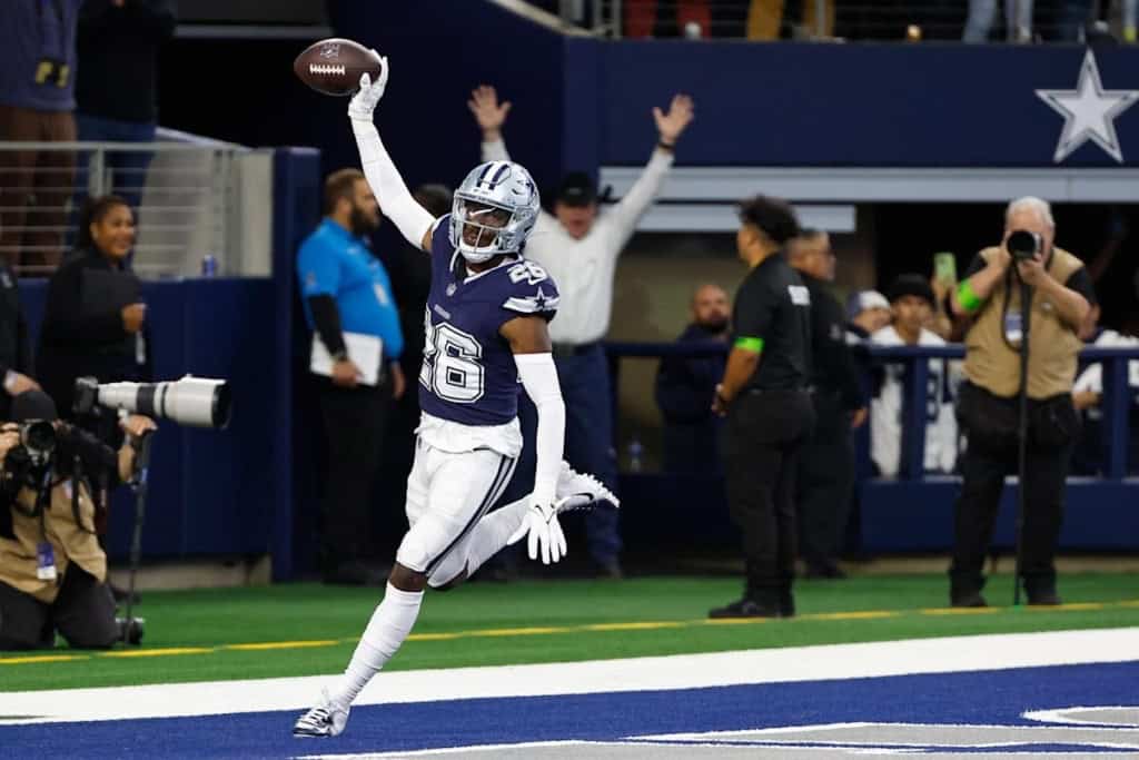 DaRon Bland celebrates in the end zone after making a big play for the Dallas Cowboys.