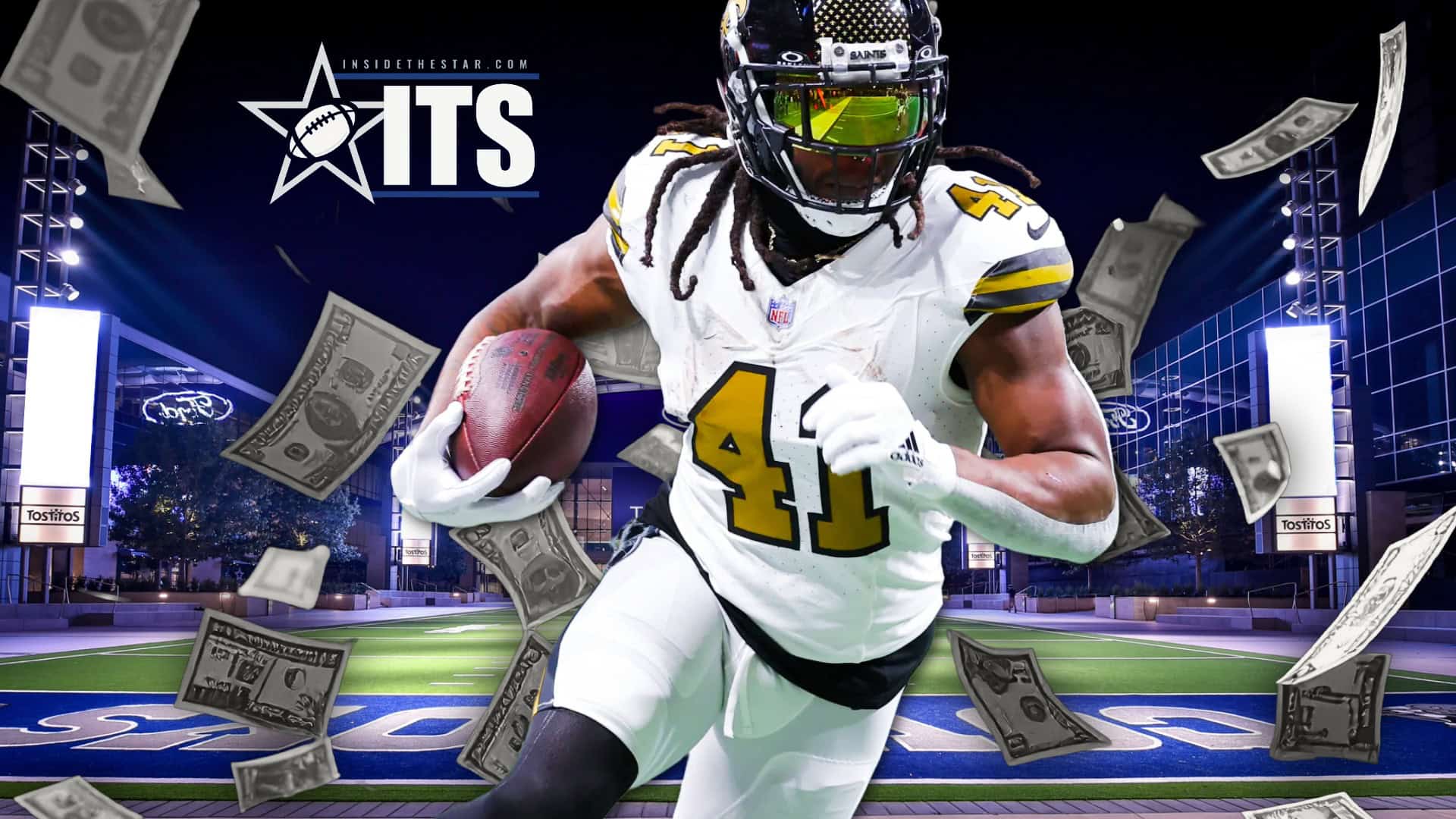 Alvin Kamara carries the football for the Saints, highlighting the dual-threat skill set he could bring to the Cowboys backfield at the right number.