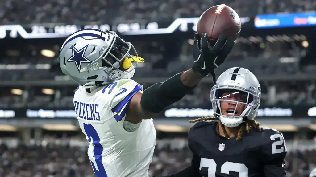 George Pickens reaches for a pass against the Las Vegas Raiders as one of the Cowboys’ leading fantasy football wide receivers.
