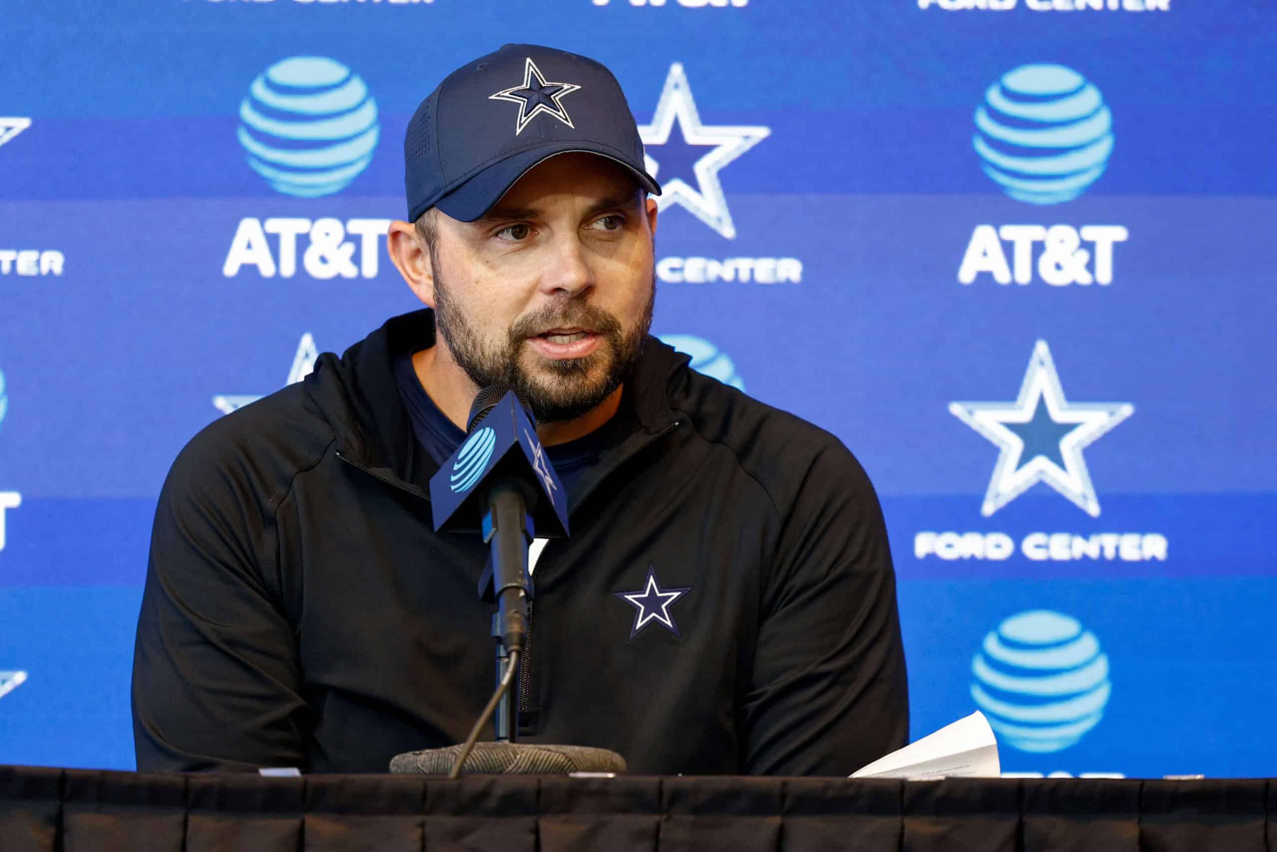 Klayton Adams speaks during a Dallas Cowboys press conference at the Ford Center.