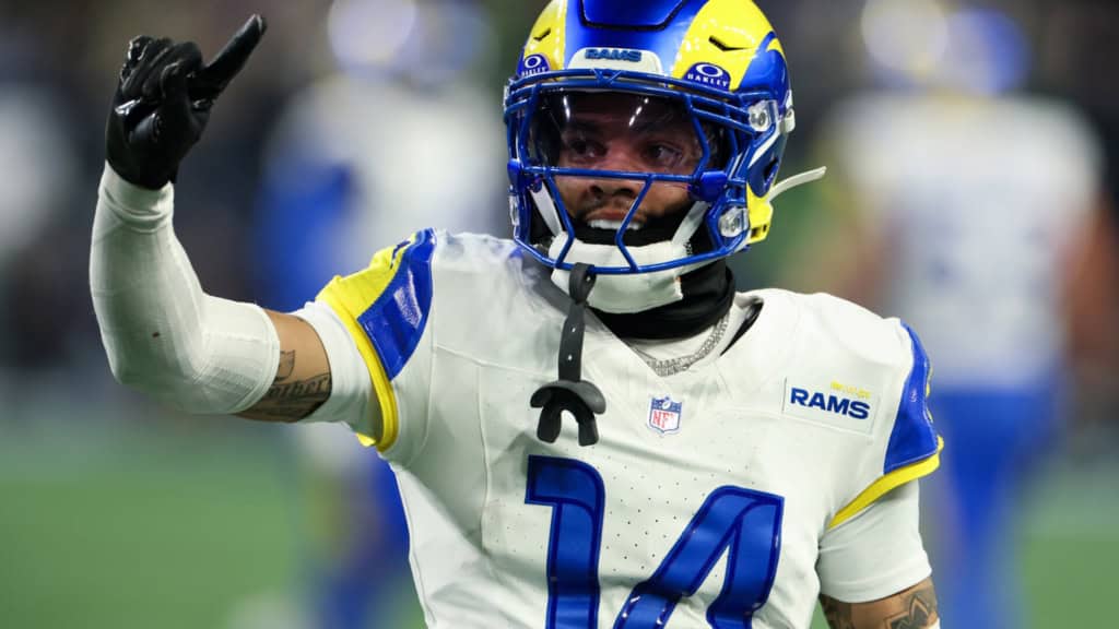 Cowboys Secondary Can Be a Sneaky Strength in 2026 Cobie Durant points during a Rams game, representing another coverage piece who could help make the Cowboys secondary a sneaky strength in 2026.