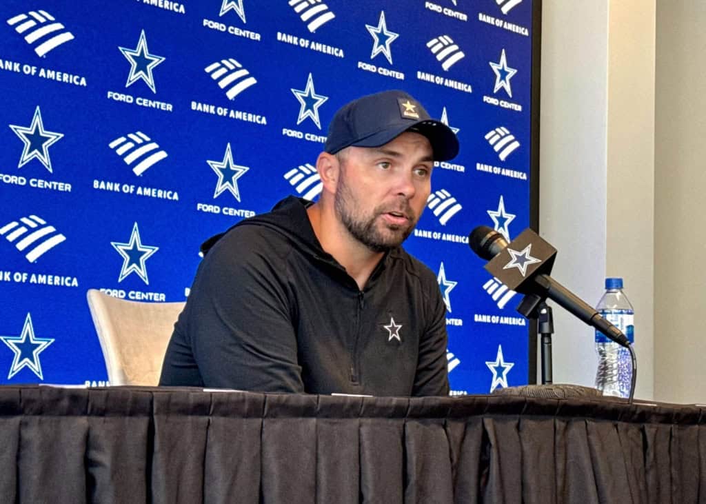 Klayton Adams 2027 Head Coach Buzz Needs a Reality Check Klayton Adams answers questions from reporters during a Dallas Cowboys media session.