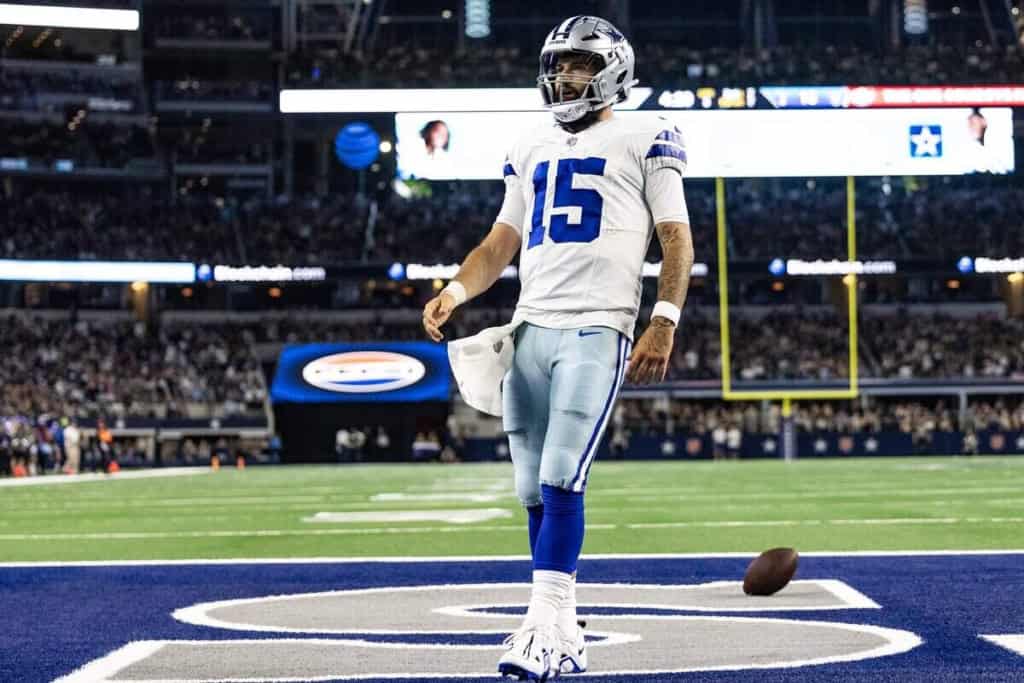 Will Grier's Cowboys Story May Not Be Over Dallas Cowboys quarterback Will Grier (15) looks at the crowd after running in for a touchdown in the second half of a preseason game against the Las Vegas Raiders.