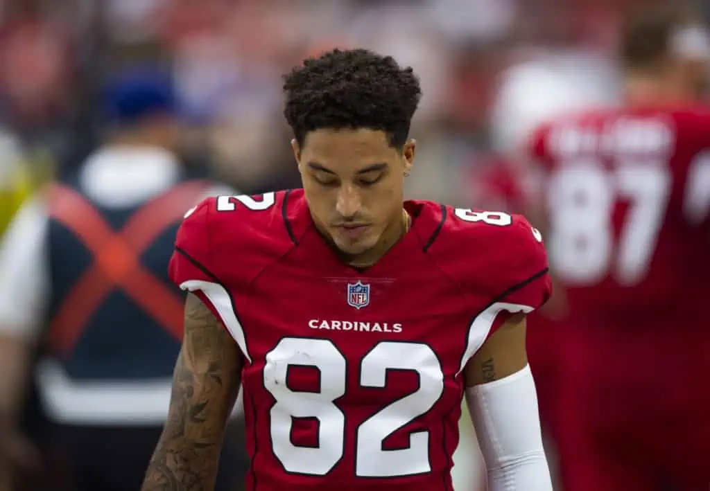 Arizona Cardinals wide receiver, and former CFL player, Andre Baccellia (82) reacts against the Kansas City Chiefs at State Farm Stadium. 