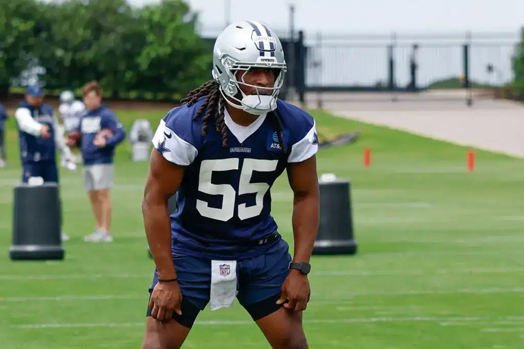Cowboys v. Cardinals: 5 Players to Watch Dallas Cowboys rookie linebacker Jaishawn Barham lines up during a defensive drill at practice.