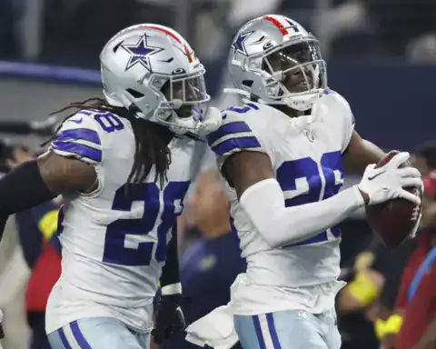 Malik Hooker and DaRon Bland celebrate a Cowboys takeaway, showing why the Cowboys secondary can be a sneaky strength in 2026.