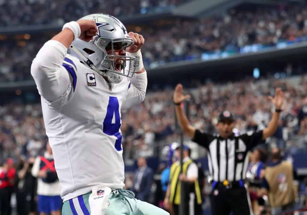 Dak Prescott celebrates a touchdown as the Dallas Cowboys quarterback leads the team’s top fantasy football options.