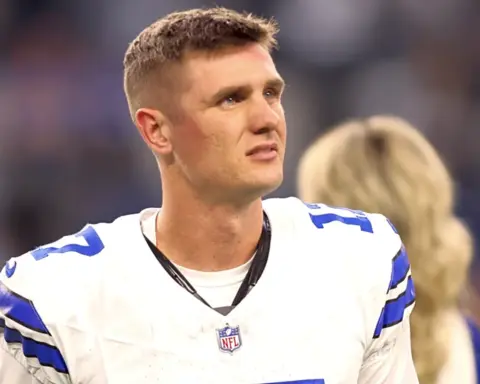 Brandon Aubrey watches from the sideline as the Dallas Cowboys kicker remains a top fantasy football option at his position.