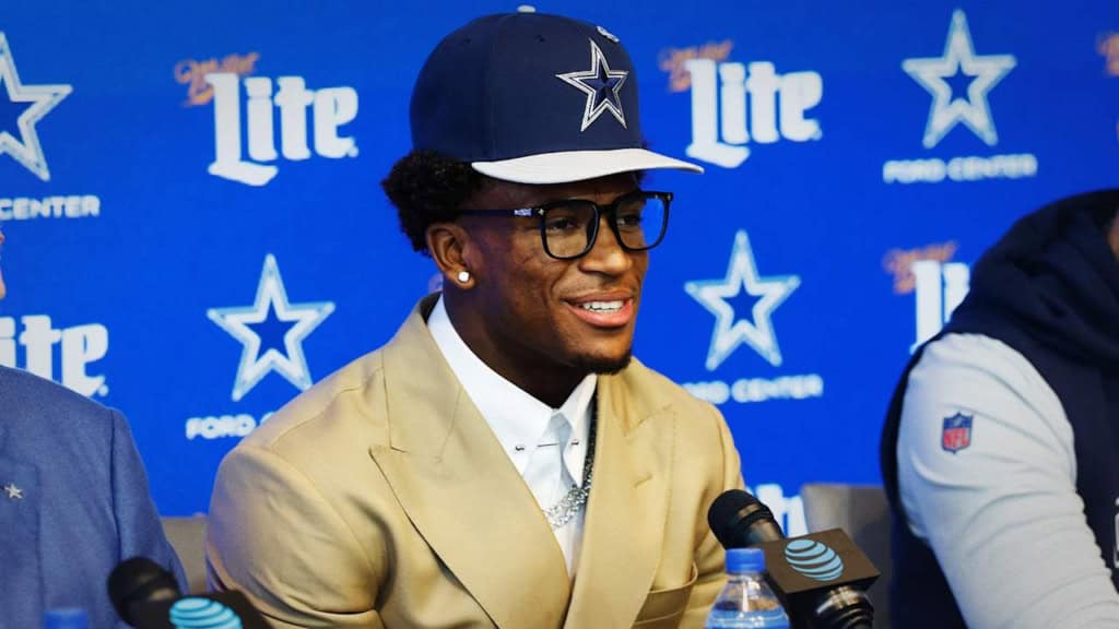 Caleb Downs speaks during his introductory press conference after being drafted by the Dallas Cowboys.