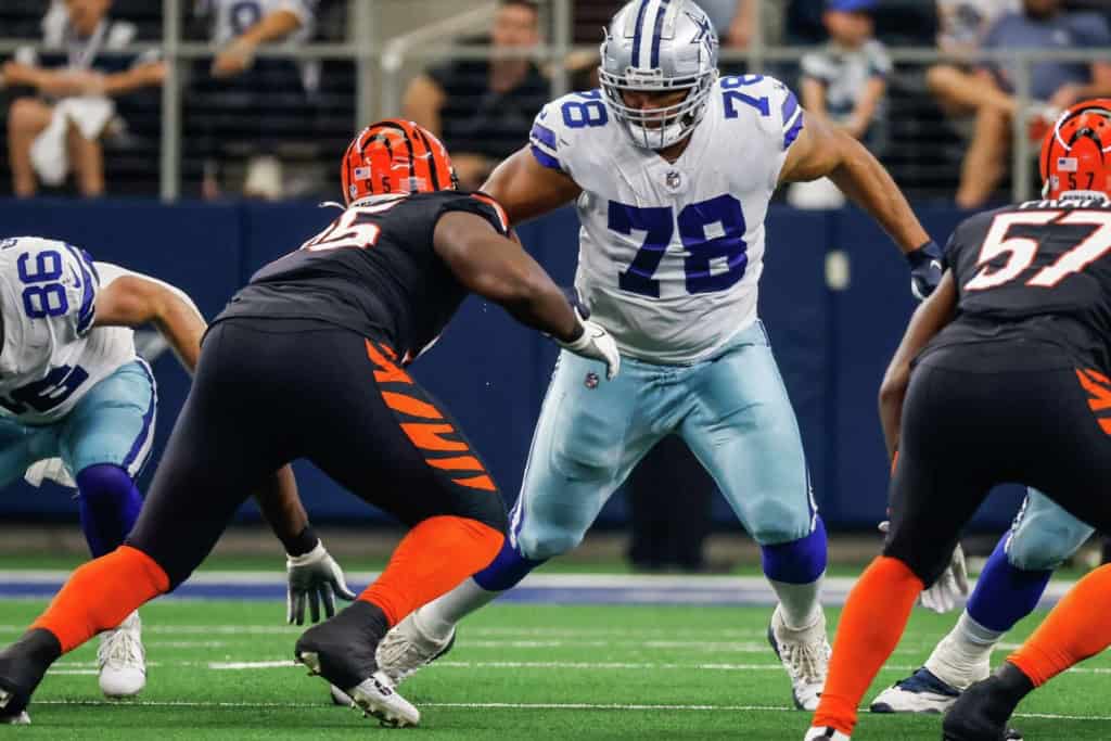 Terence Steele blocks against the Cincinnati Bengals as the Cowboys offensive line enters the position group power ranking.