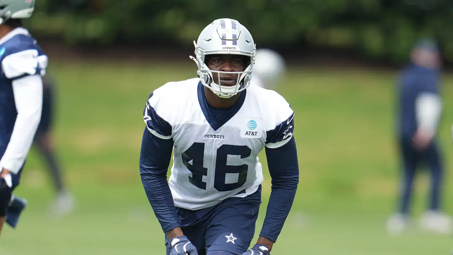 Dallas Cowboys tight end Michael Trigg, No. 46, lines up during a team practice.