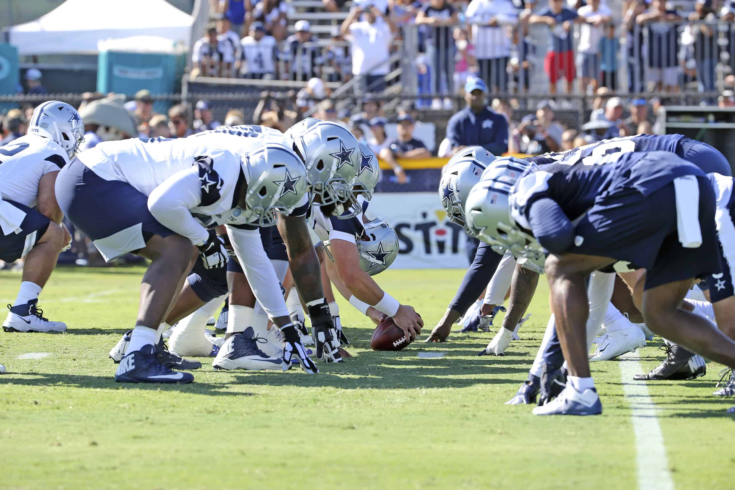 27 July 2019: Line of scrimmage of the Dallas Cowboys during training camp at City of Oxnard Fields in Oxnard, California. Photo by James D. Smith/Dallas Cowboys
