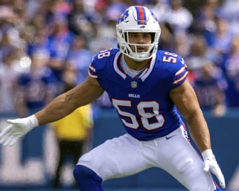 Buffalo Bills linebacker Matt Milano, No. 58, lines up in a defensive stance during an NFL game.