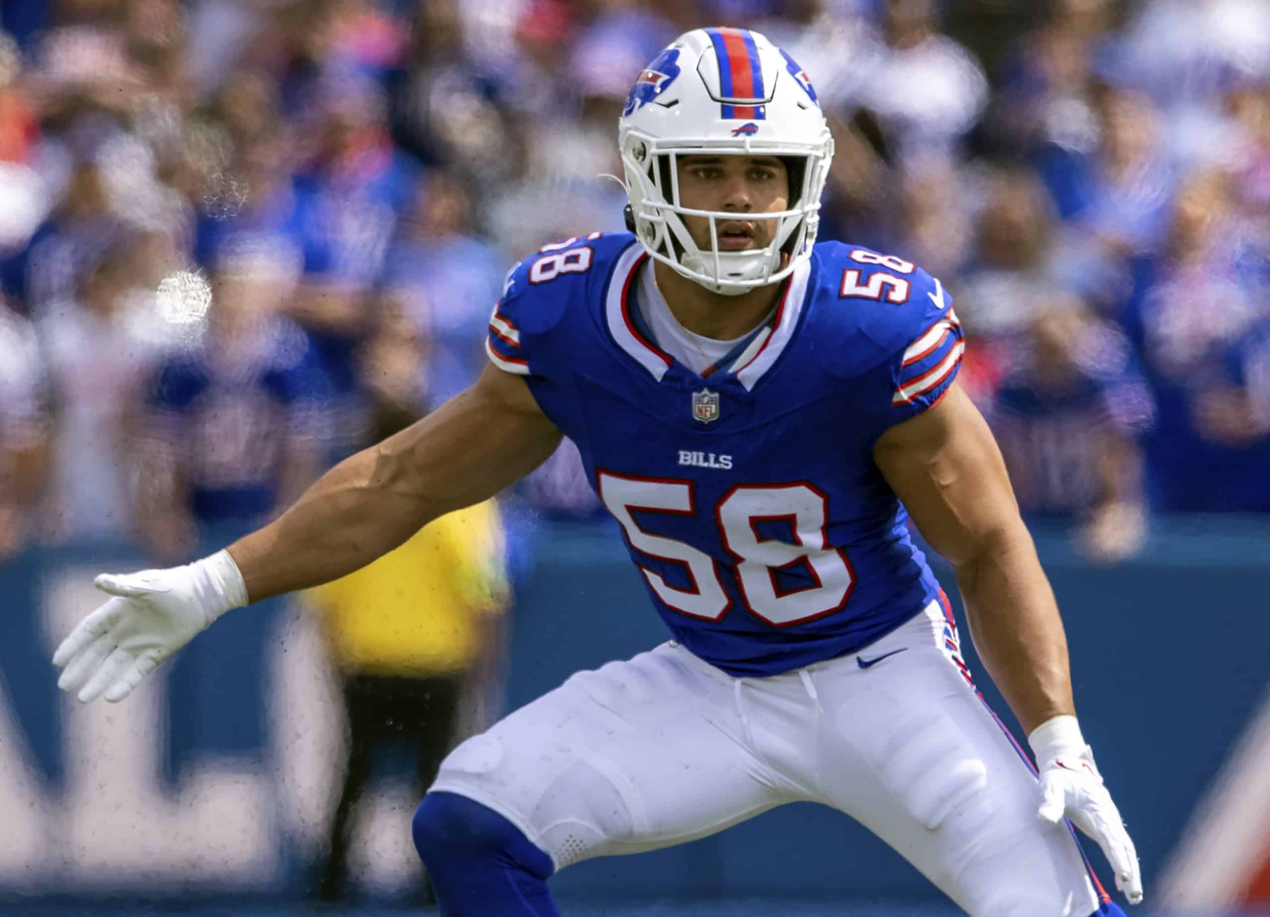 Buffalo Bills linebacker Matt Milano, No. 58, lines up in a defensive stance during an NFL game.