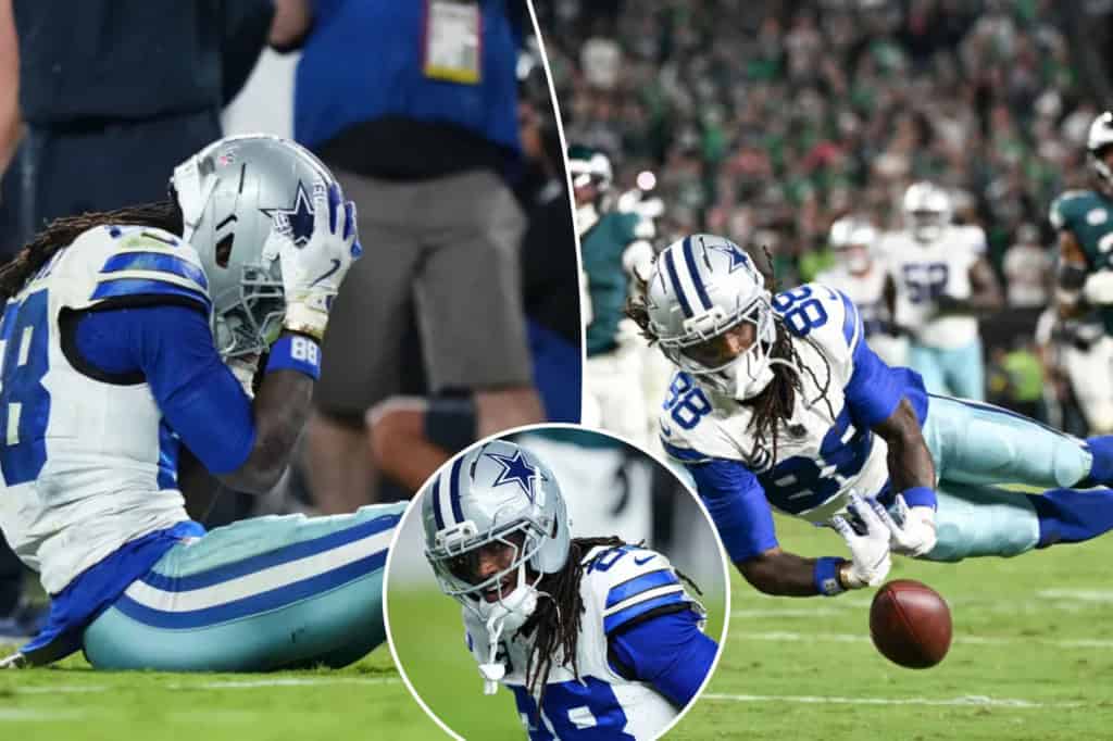 CeeDee Lamb reacts after dropped passes, highlighting the Dallas Cowboys receiver’s struggles with drops.