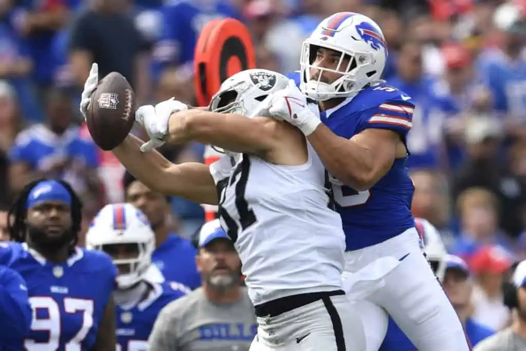 3 Free Agent Linebackers the Cowboys Should Call Buffalo Bills linebacker Matt Milano battles a Las Vegas Raiders player while defending a pass during an NFL game.