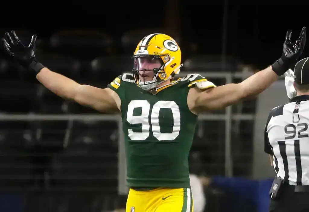Cowboys Edge Trade Targets: 5 Names to Watch Green Bay Packers edge rusher Lukas Van Ness celebrates during a game. Van Ness is a possible Dallas Cowboys trade target.