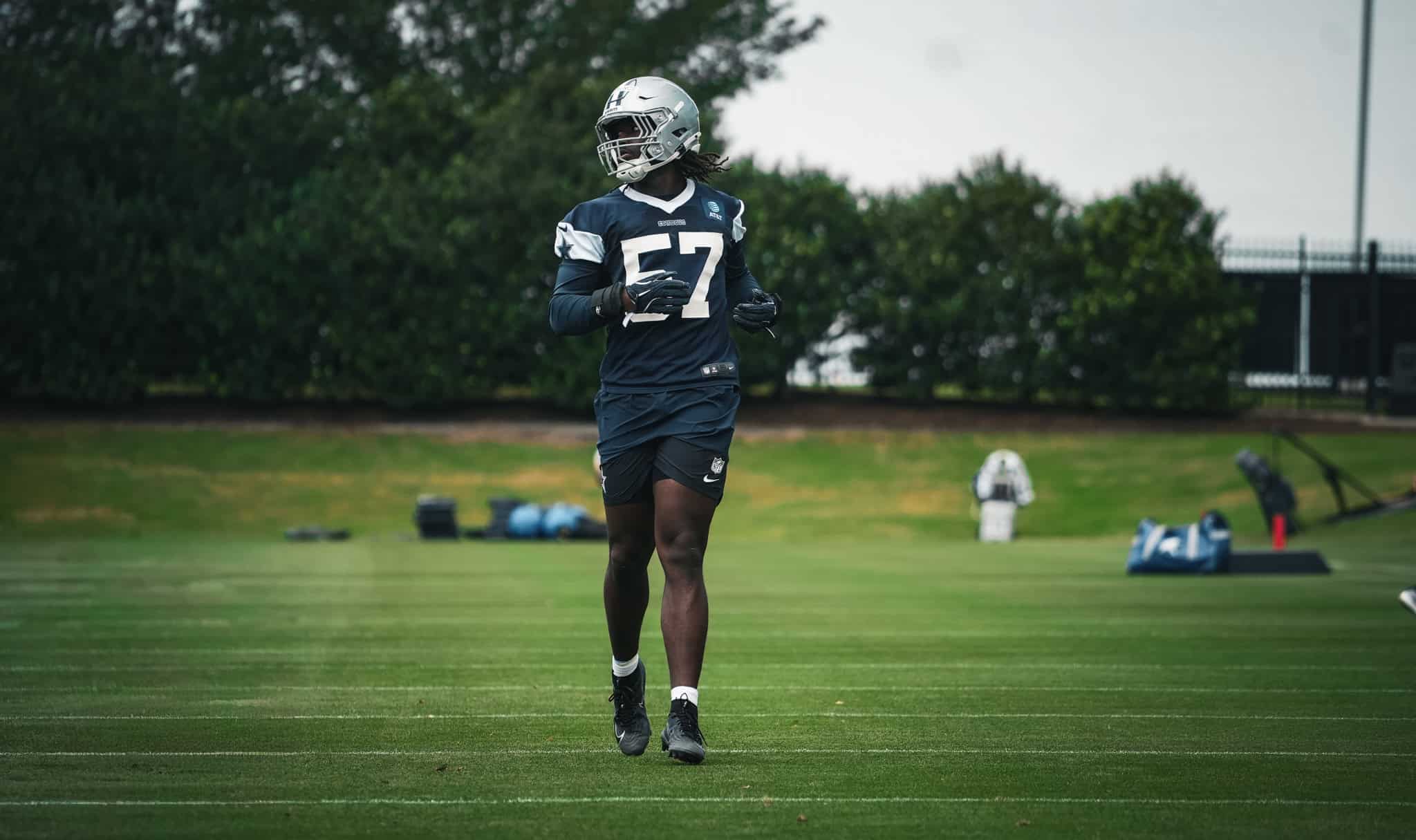 Dallas Cowboys rookie Malachi Lawrence takes part in practice while developing his pass rush technique off the edge.