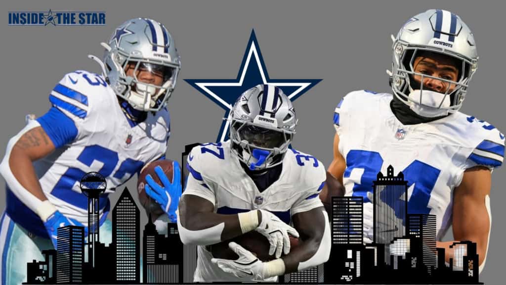 Dallas Cowboys players featured against the Cowboys star and Dallas skyline, highlighting the offense and the importance of the offensive line creating room for the running game.