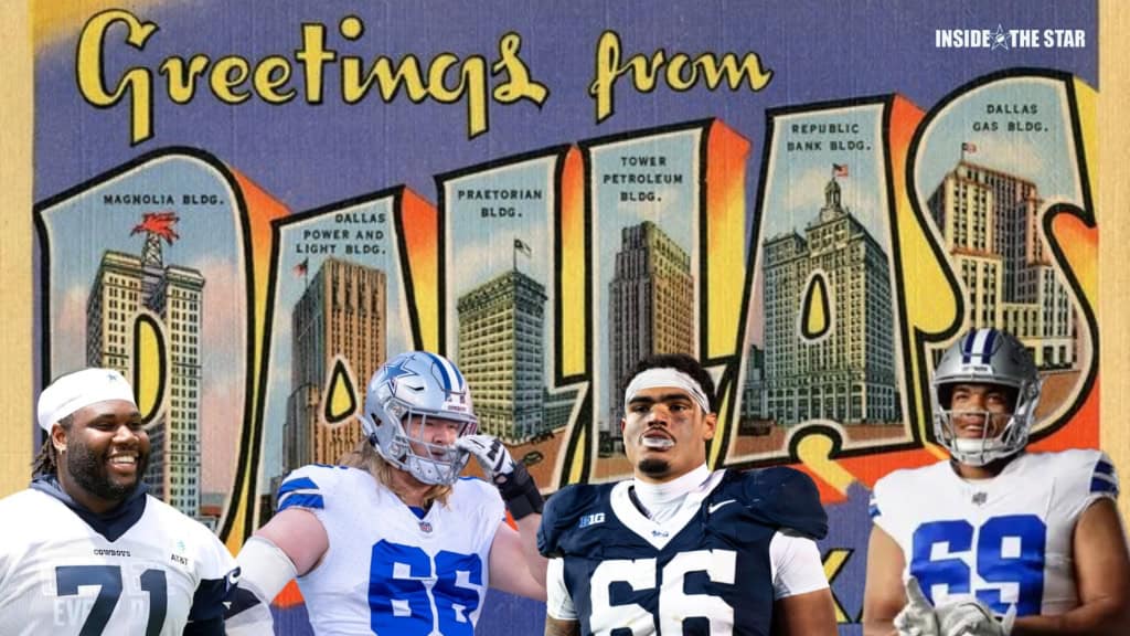 Dallas Cowboys backup offensive line featured in front of a vintage Greetings from Dallas backdrop, representing the position group entering the 2026 season