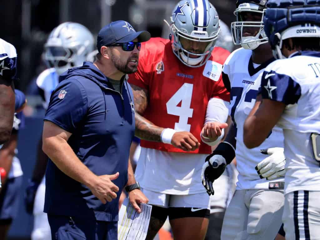 Why Broderick Jones Could Work for the 26' Cowboys? Dallas Cowboys offensive line coach Klayton Adams talks with Dak Prescott and members of the offensive line during practice.