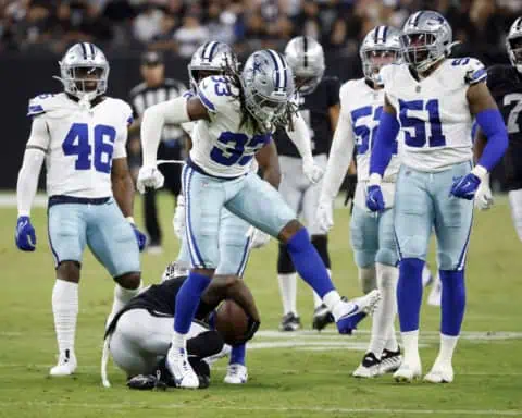 Julius Wood celebrates after making a defensive play for the Dallas Cowboys against the Raiders. Will Wood make the Cowboys practice squad?