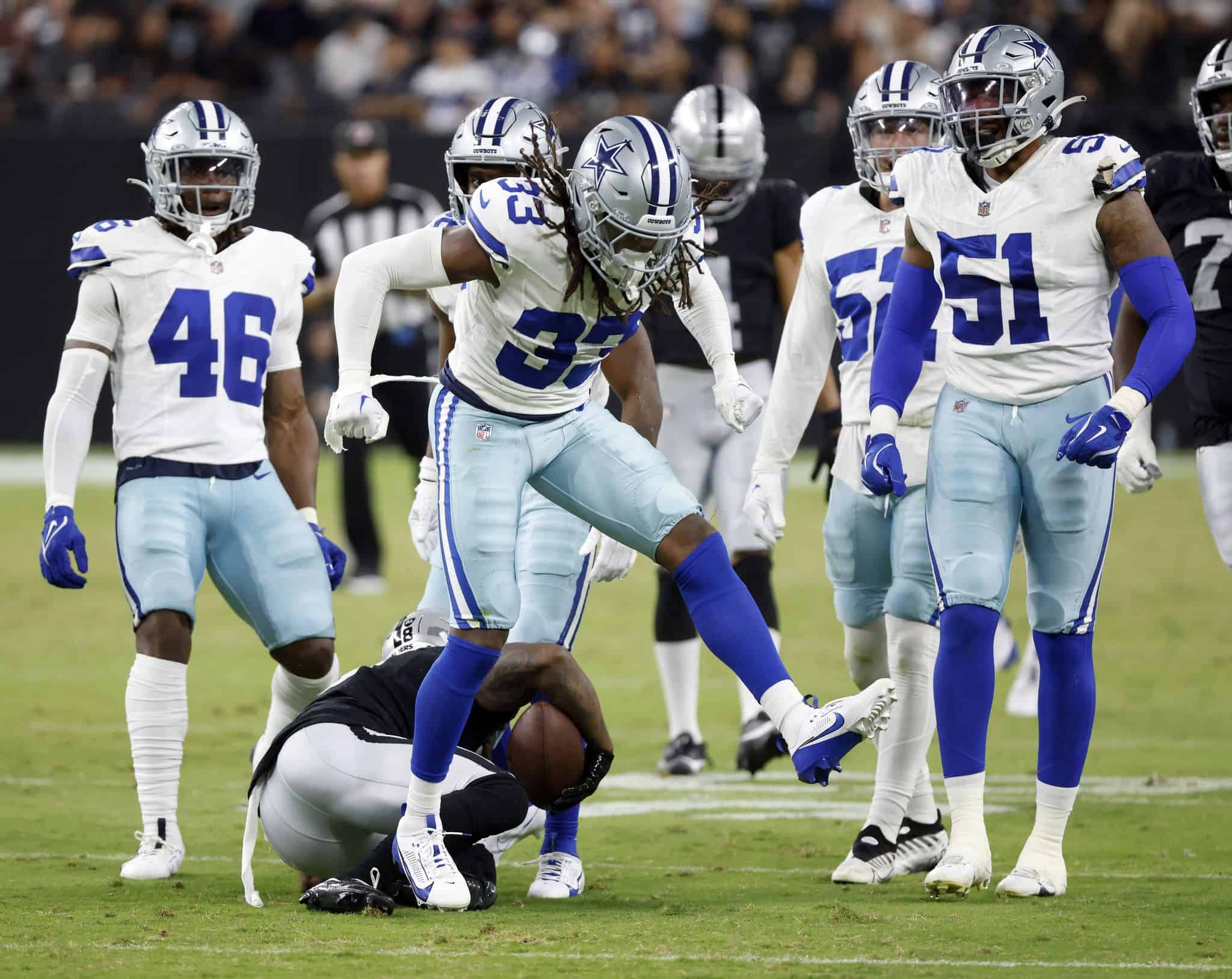 Julius Wood celebrates after making a defensive play for the Dallas Cowboys against the Raiders. Will Wood make the Cowboys practice squad?