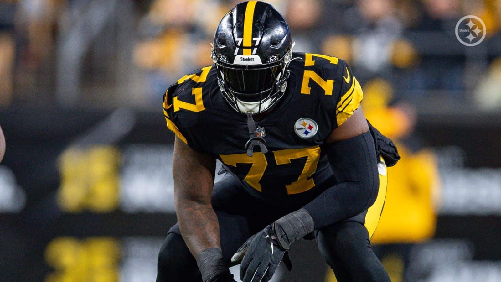 Broderick Jones gets into his stance at the line of scrimmage for the Pittsburgh Steelers.