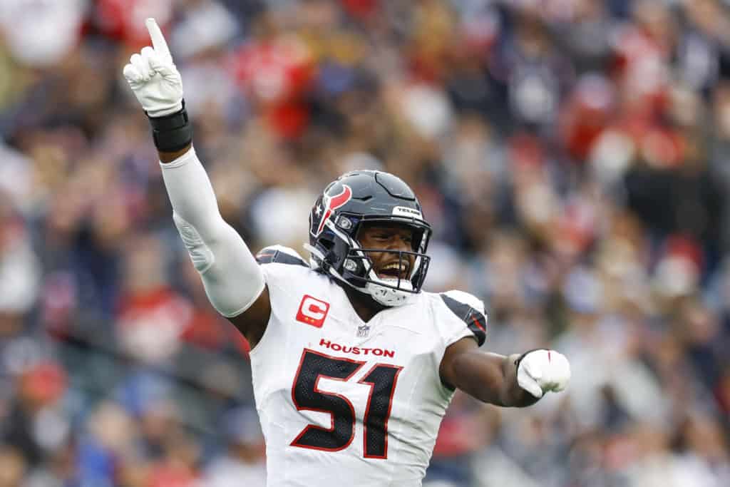 Houston Texans edge rusher Will Anderson Jr. celebrates during a game as a contender for the 2026 NFL Awards.