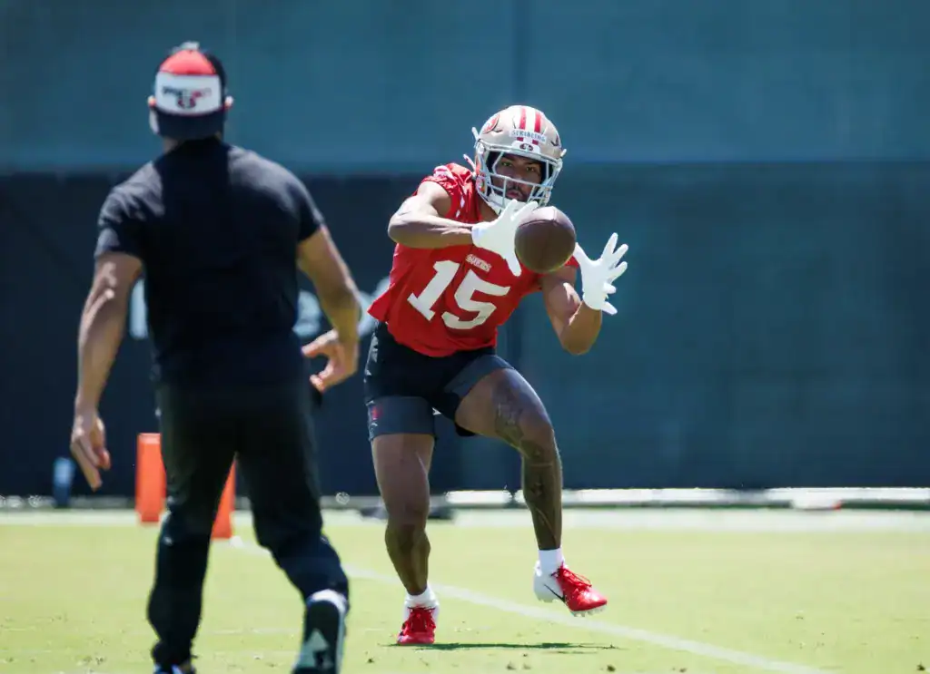 San Francisco 49ers rookie De'Zhaun Stribling makes a catch during practice as a 2026 NFL Offensive Rookie of the Year candidate. 