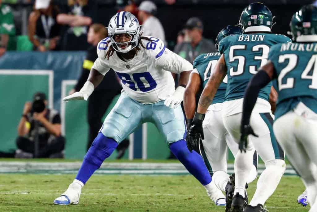 Dallas Cowboys left tackle Tyler Guyton gets into his pass set against the Philadelphia Eagles. 