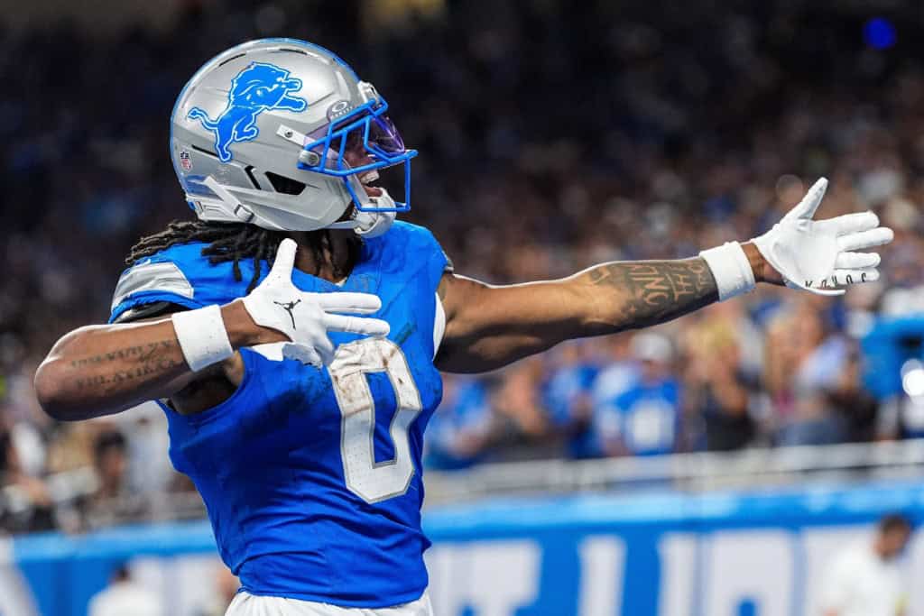 Detroit Lions running back Jahmyr Gibbs celebrates during a game as one of the top 2026 NFL Awards candidates.