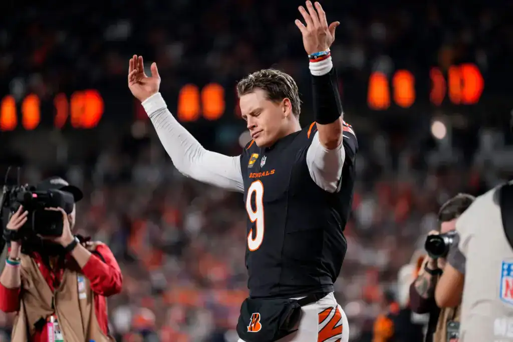 Cincinnati Bengals quarterback Joe Burrow reacts on the field as a leading candidate in the 2026 NFL Awards predictions.