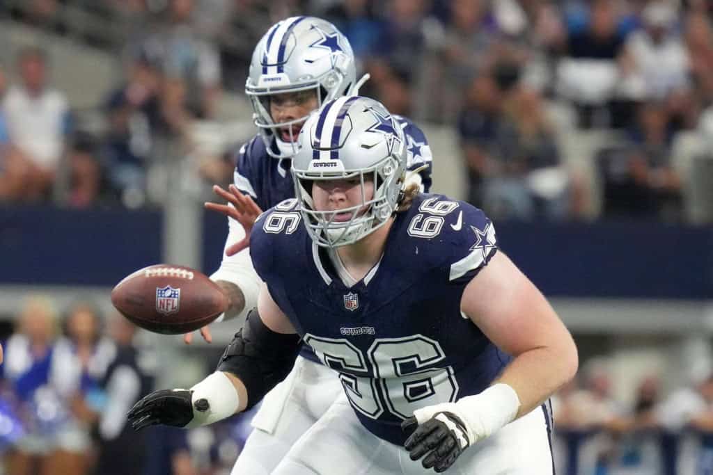Dallas Cowboys guard TJ Bass gets in his stance at left guard as he protects Dak Prescott. This is the most logical option at left guard after the Tyler Smith injury. 