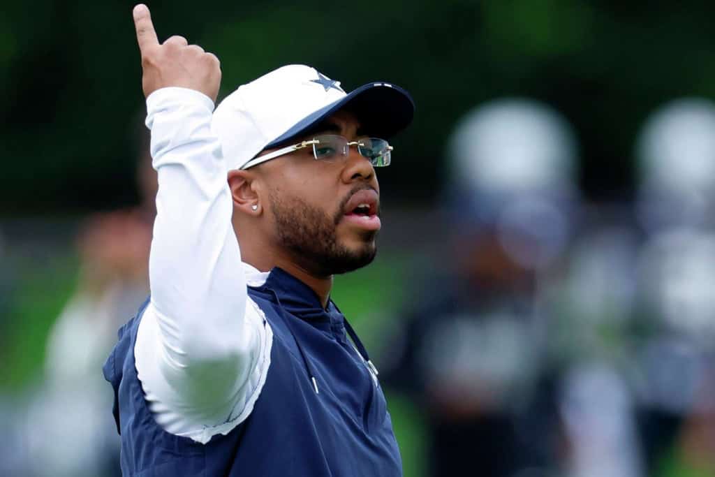 The 26' Cowboys and Joey Porter Jr: Does He Fit? Dallas Cowboys defensive coordinator Christian Parker pointing into the air to get his point across during a Cowboys practice.