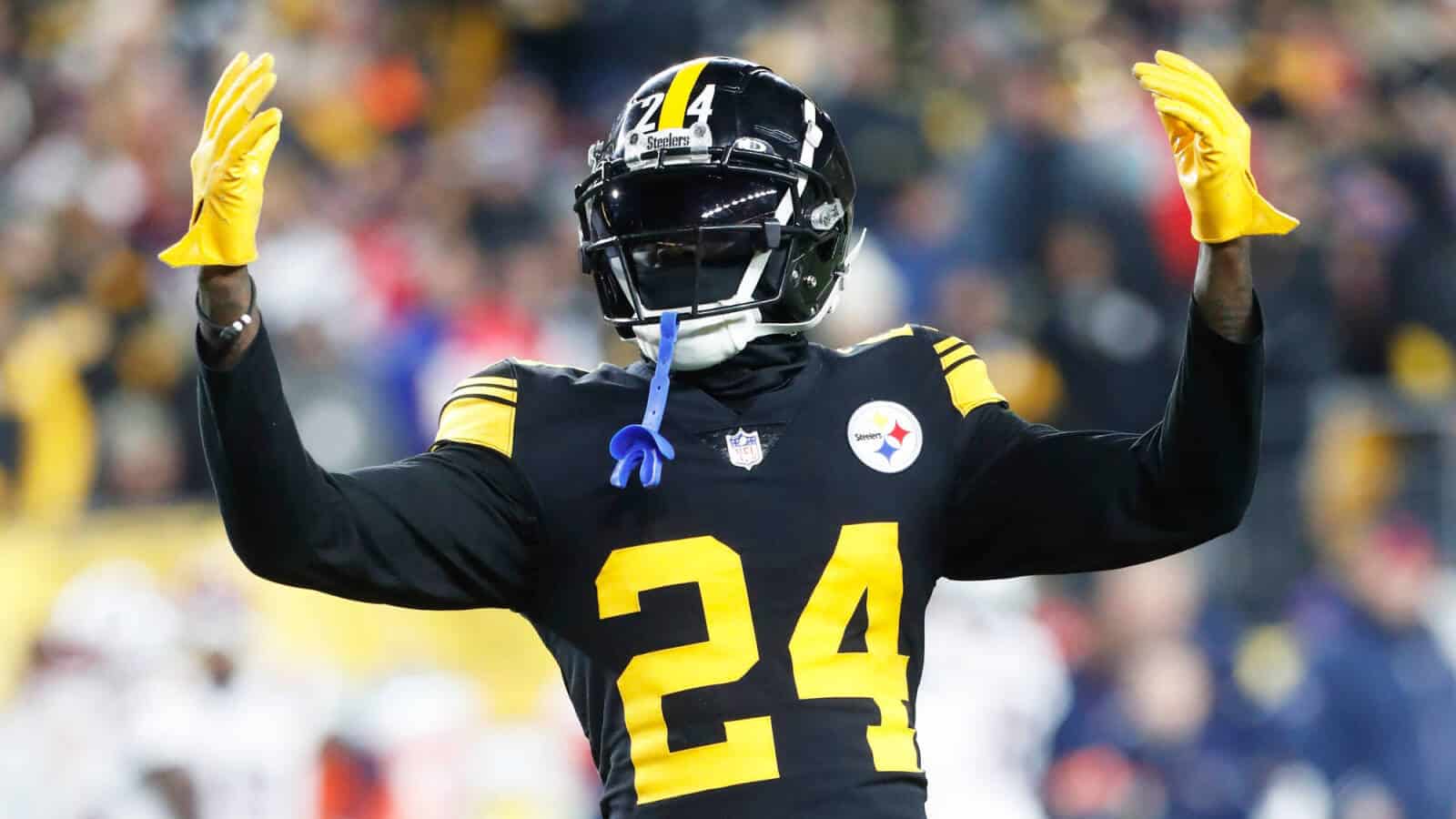 Pittsburgh Steelers cornerback Joey Porter Jr. reacts to the crowd.