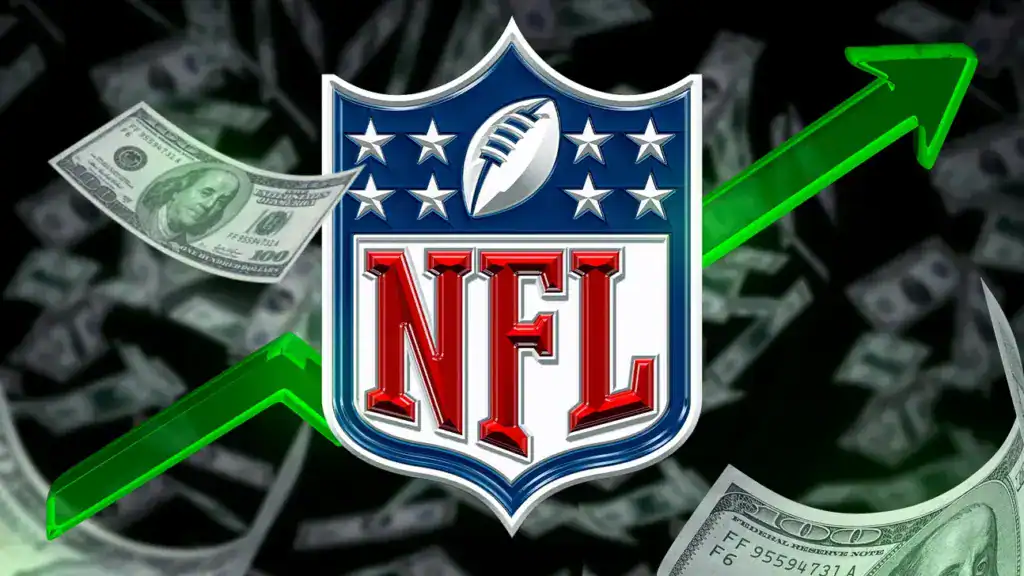 NFL Logo with cash falling around it portraying the salary cap and the money the NFL receives is trending up. 