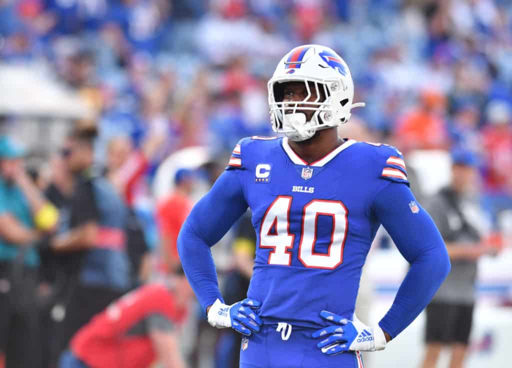 Dallas Cowboys linebacker Von Miller wearing a Buffalo Bills uniform when he played with the team two seasons ago. 