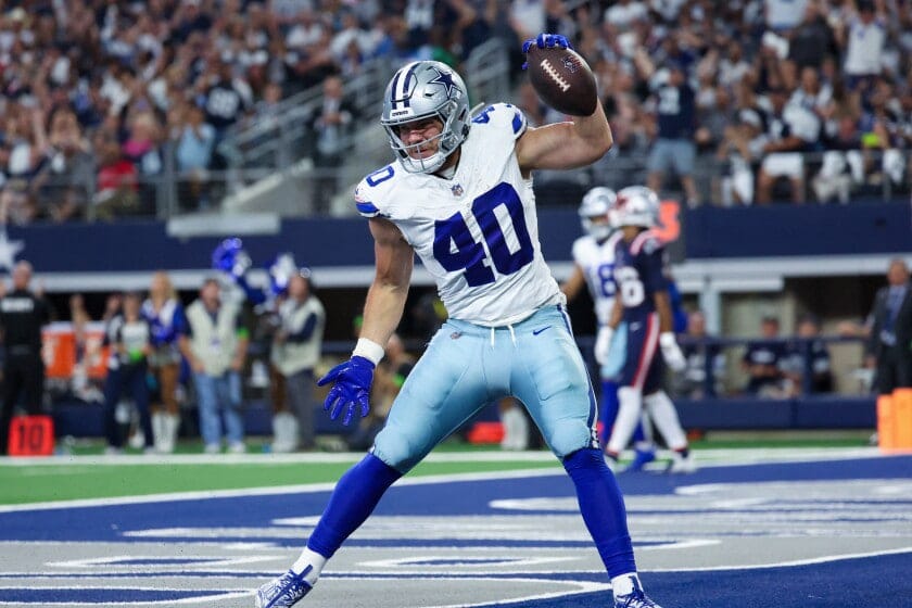 Dallas Cowboys and former North Dakota State running back Hunter Luepke (40) reacts after scoring a touchdown during the second half against the New England Patriots on Sunday, Oct 1, 2023 at AT&amp;T Stadium in Arlington, Texas.Kevin Jairaj/USA Today Sports