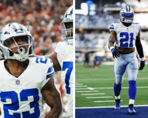 Football players in Dallas Cowboys uniforms on the field.