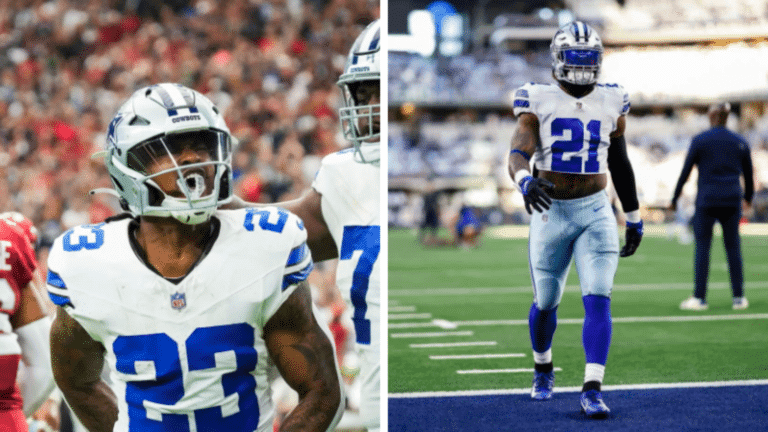 Football players in Dallas Cowboys uniforms on the field.