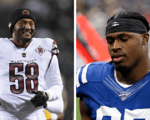 Two football players in uniforms; the left player smiles in a Washington jersey, the right player looks downward in an Indianapolis jersey.