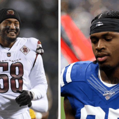Two football players in uniforms; the left player smiles in a Washington jersey, the right player looks downward in an Indianapolis jersey.