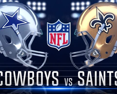 NFL matchup graphic featuring Dallas Cowboys and New Orleans Saints helmets facing each other with the NFL logo in the center.