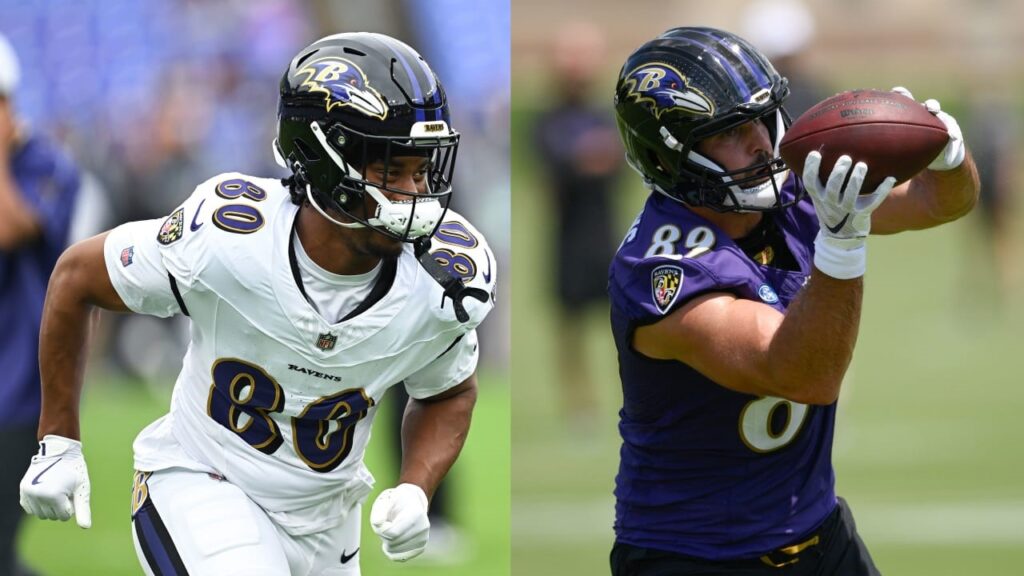 Two football players from the Baltimore Ravens, one running and the other catching a football during practice.